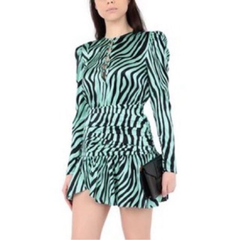 LANEUS Silk Zebra Mint Ruffle Long Sleeve Satin Button Down Dress